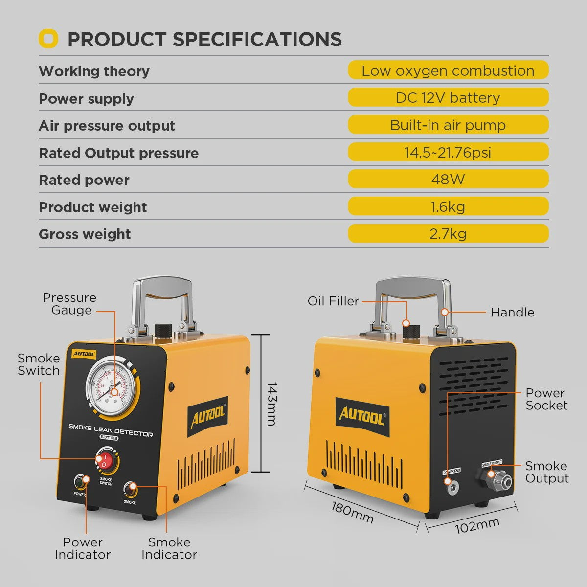AUTOOL SDT102 Rookmachine 12V Auto Rooklek Detector - Diagnose Uitlaat & EVAP