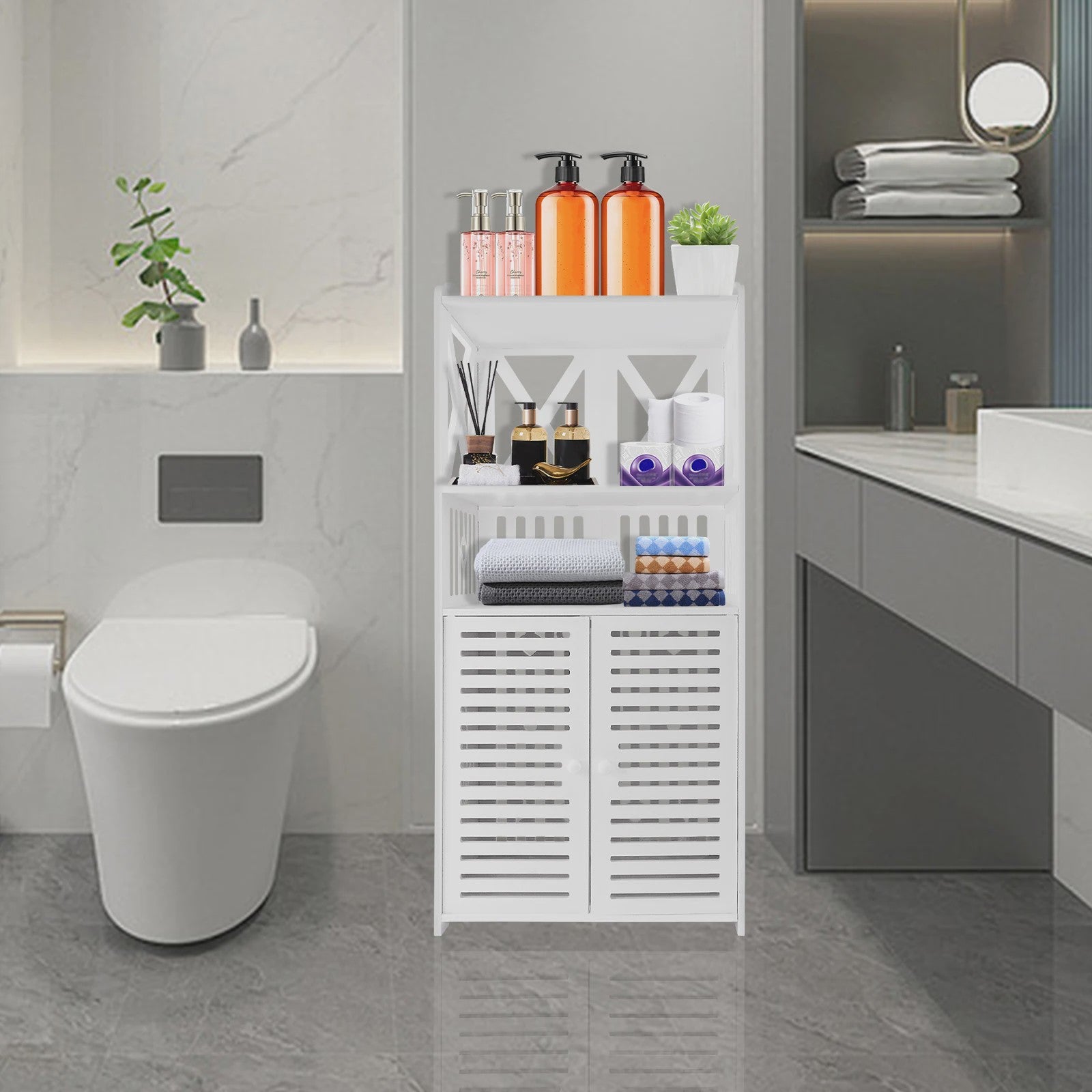 PVC Badkamerkast Waterdicht met Dubbele Deuren en 3 Planken - Wit