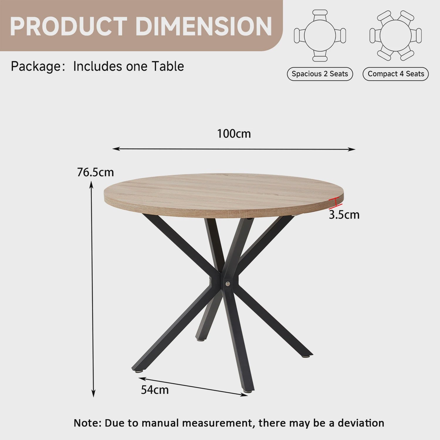 EGOONM Ronde Eettafel / Koffietafel 100cm - Massief Hout & Stalen Frame