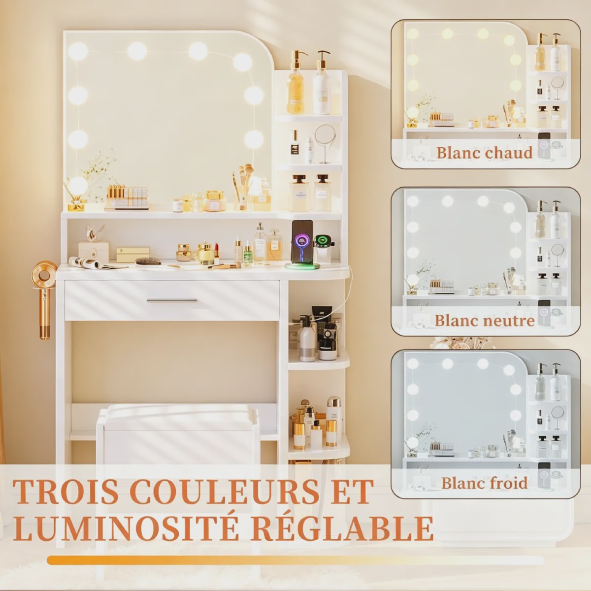 Kaptafel met Verlichte Spiegel, Lade, Haken en Ingebouwde Oplaadstation - Ideaal voor Kleine Appartementen