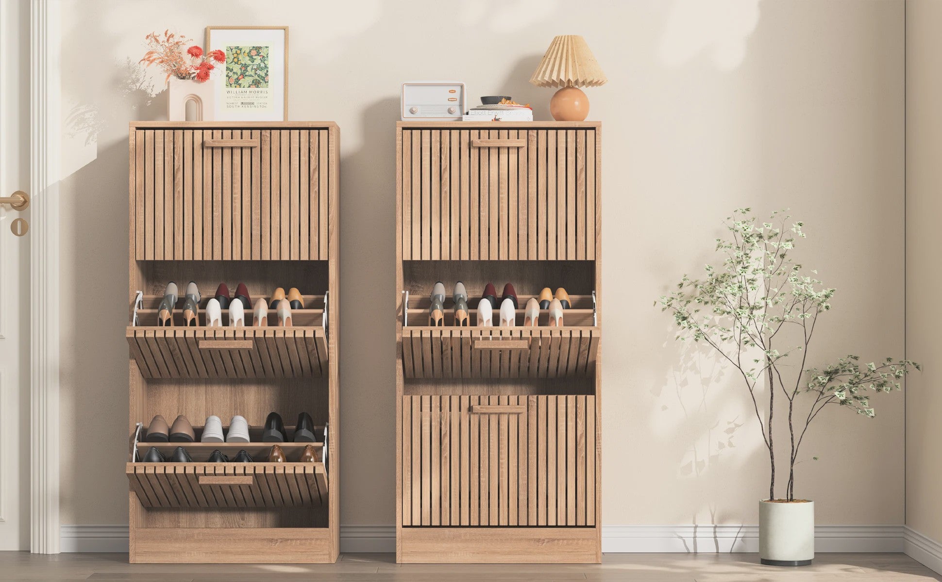 Houten Schoenenkast met Klapdeuren en Stofvrije Opbergruimte