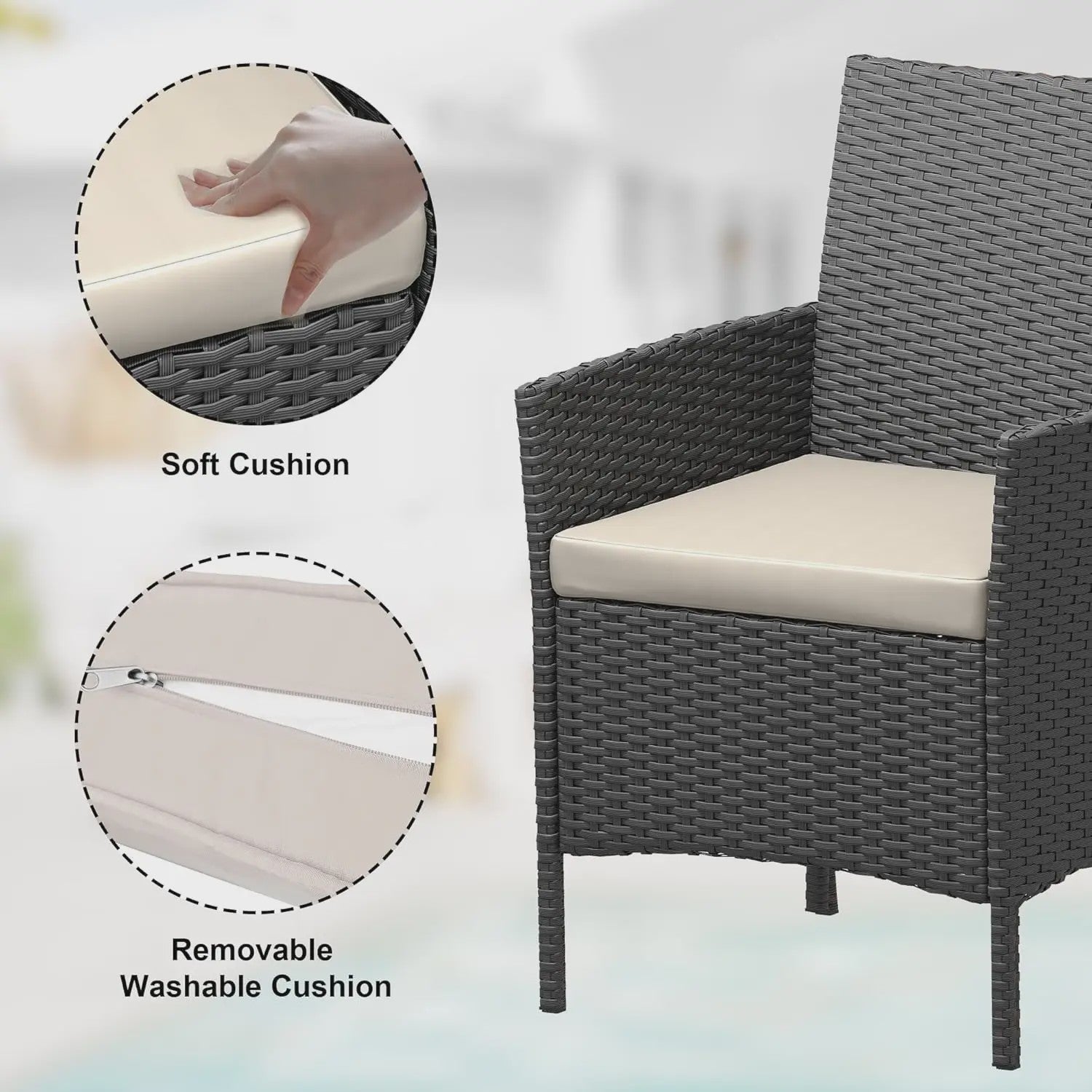 3-Delig Bistro Set: PE Rotan Terrasmeubilair met 2 Stoelen, Salontafel en Kussens voor Balkon en Tuin