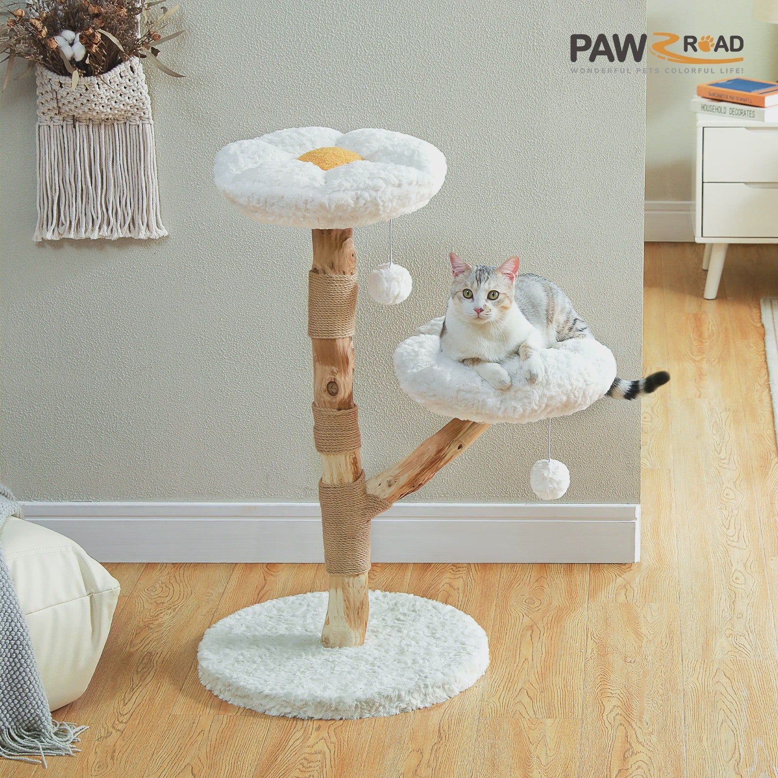 Luxe Kattenboom met Natuurlijk Hout, Wicker Mand & Krabpalen - Comfortabel Kattenhuis