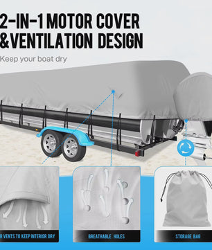 Waterdichte Pontoon Boot Trailerhoes - UV-bestendig, 300D Heavy Duty, met Motorhoes & Spanband