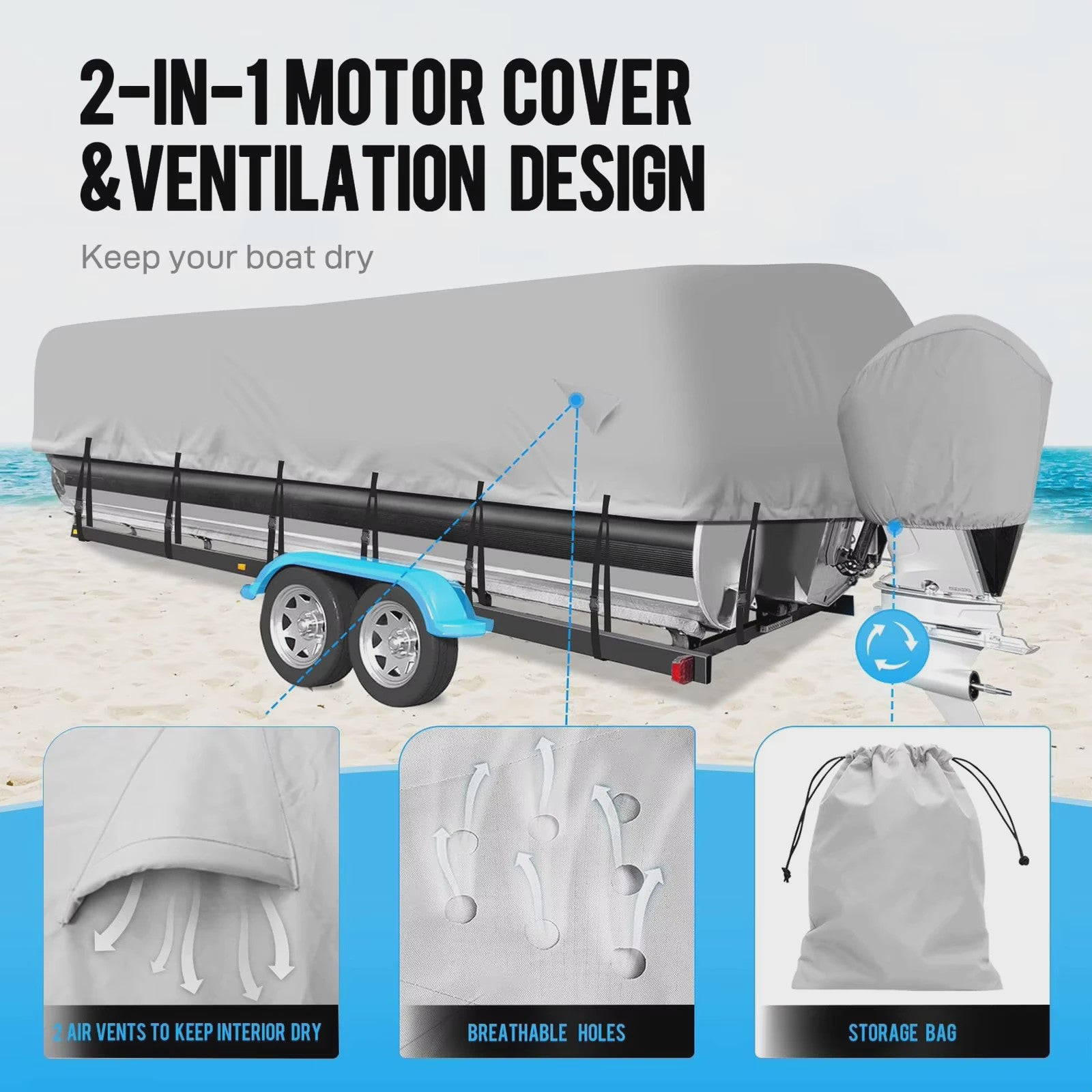 Waterdichte Pontoon Boot Trailerhoes - UV-bestendig, 300D Heavy Duty, met Motorhoes & Spanband