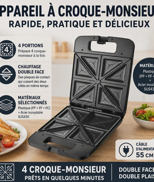 Zwarte Sandwichmaker 1400W - 4 Sandwiches, Dubbelzijdig Verwarmen, Anti-aanbakplaten