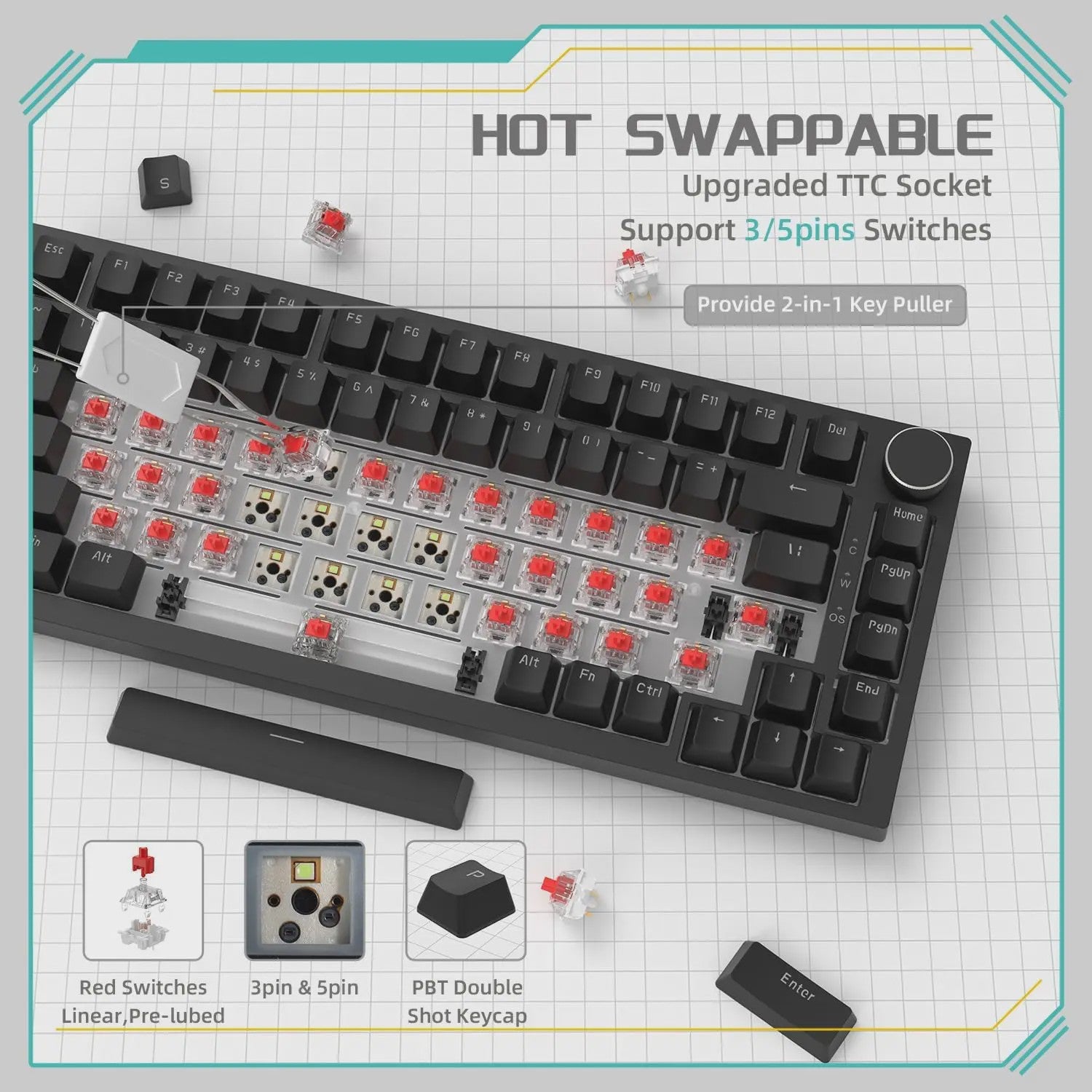 AJAZZ AK820 Mechanisch Gaming Toetsenbord 75% Layout met Volumeknop & RGB