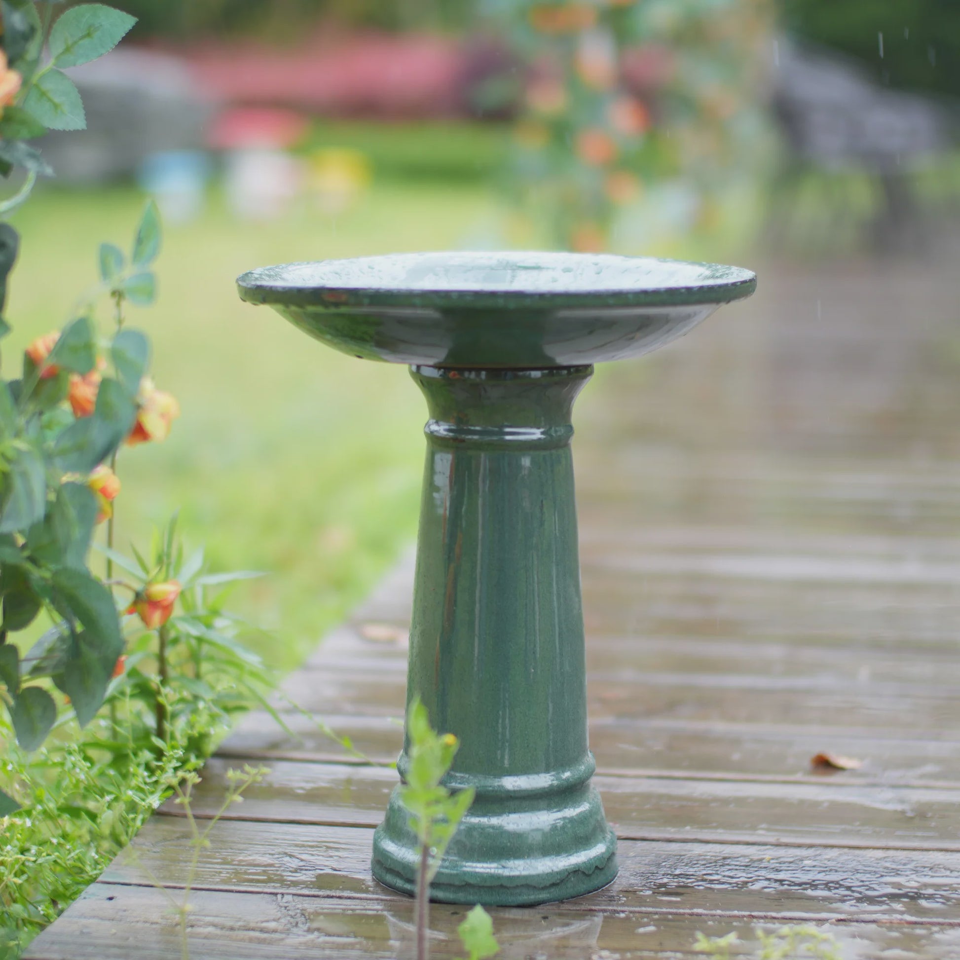Handgemaakt Stenen Vogelbad Donkergroen Glanzend - Weerbestendig & Vorstbestendig voor Tuin, Terras, Balkon
