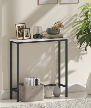 Smalle Hal Console Tafel met Marmerlook en Zwart Metaal Frame - 75x24x76 cm
