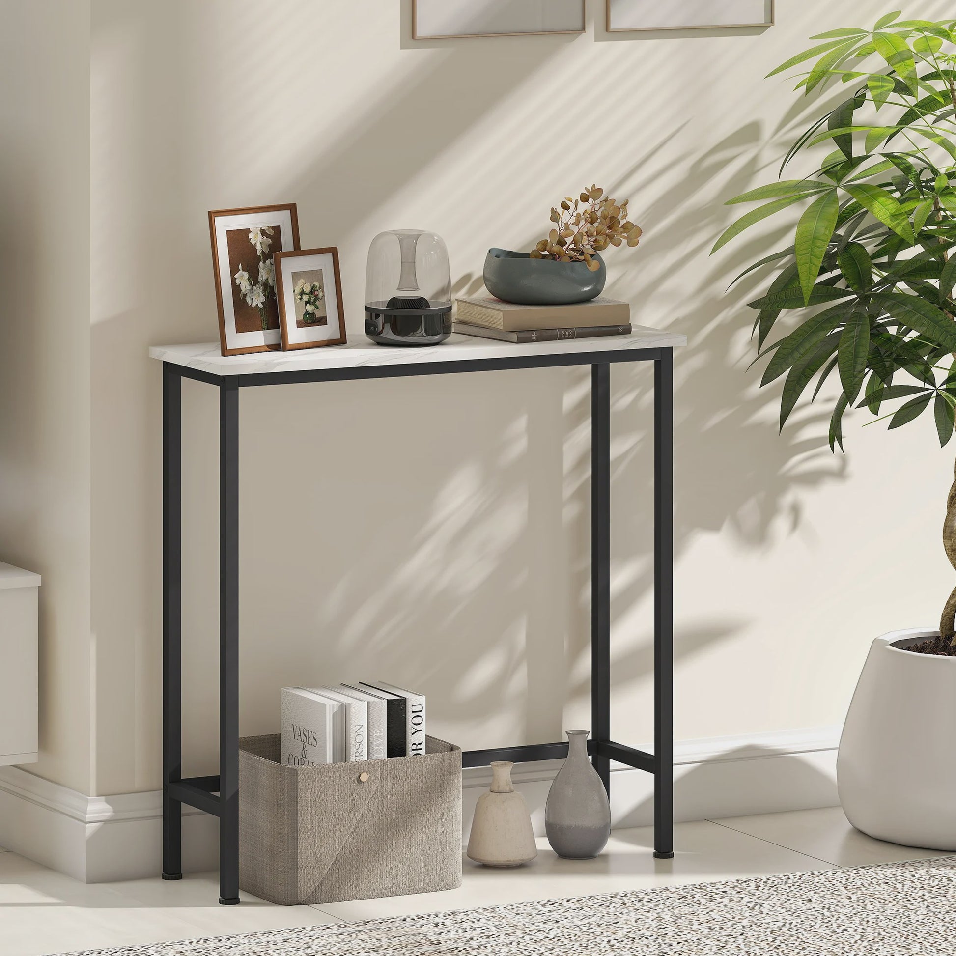 Smalle Hal Console Tafel met Marmerlook en Zwart Metaal Frame - 75x24x76 cm