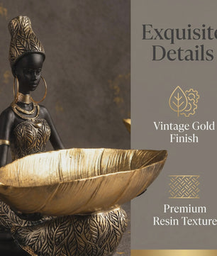 Afrikaanse Vrouw Sculptuur met Gouden Blad Schaal - Decoratieve Opberger & Verzamelobject