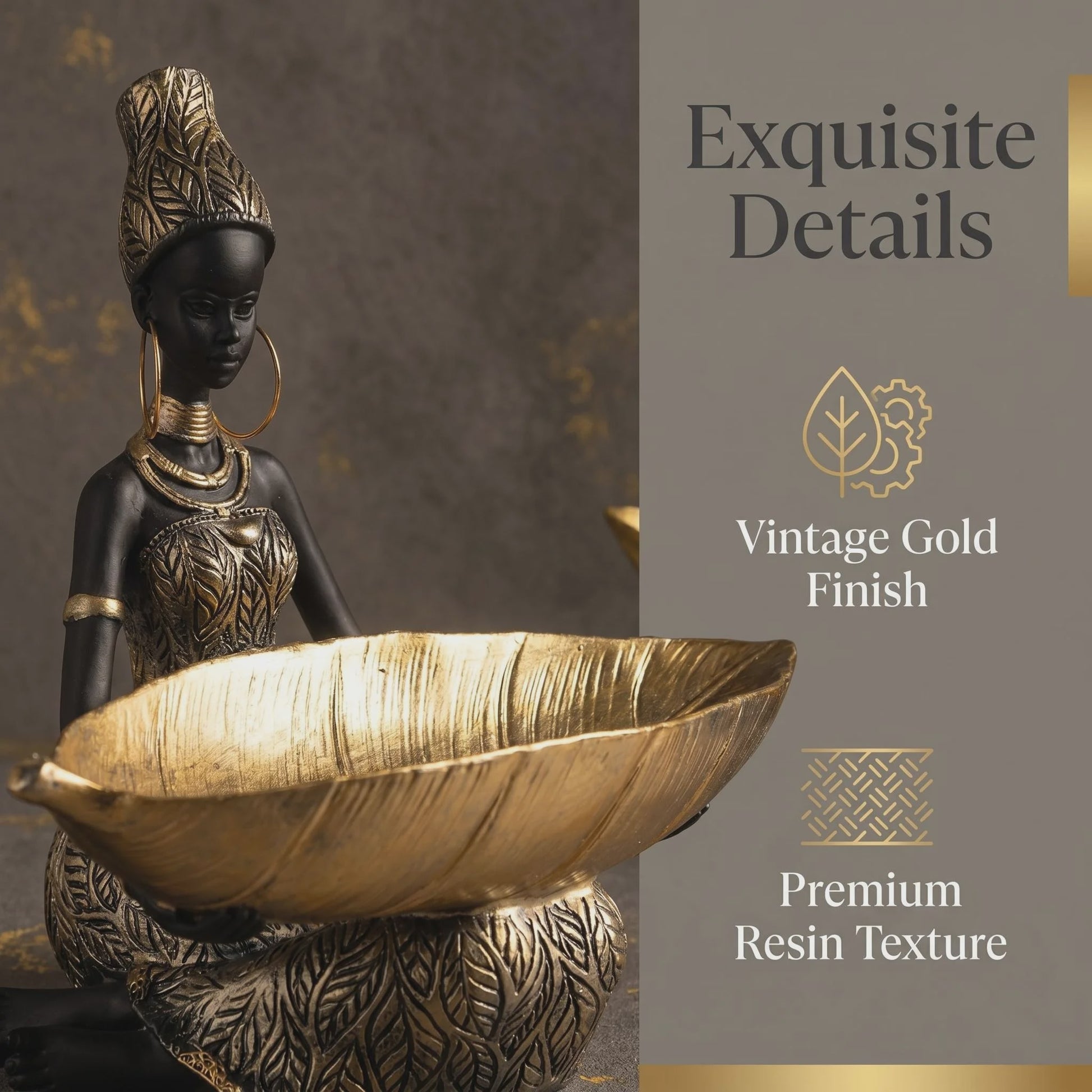 Afrikaanse Vrouw Sculptuur met Gouden Blad Schaal - Decoratieve Opberger & Verzamelobject