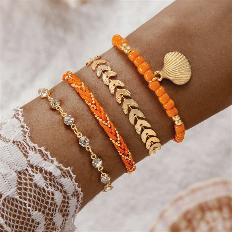 Set van 4 Bohemia Stijl Armbanden met Schelp & Zirkonia - Zomerse Beach Vibes