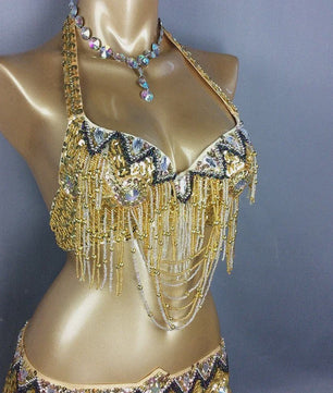 Dames Buikdans Set: Luxe Beaded Bh & Heupsjaal met Franjes