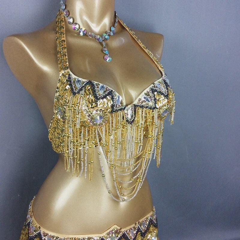Dames Buikdans Set: Luxe Beaded Bh & Heupsjaal met Franjes