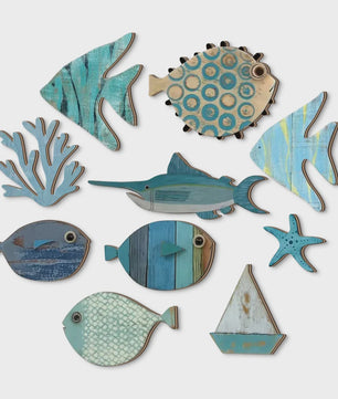 Houten Oceaan Muurdecoratie Set: Vissen, Koraal, Zeester & Zeilboot - Kuststijl Huisdecoratie