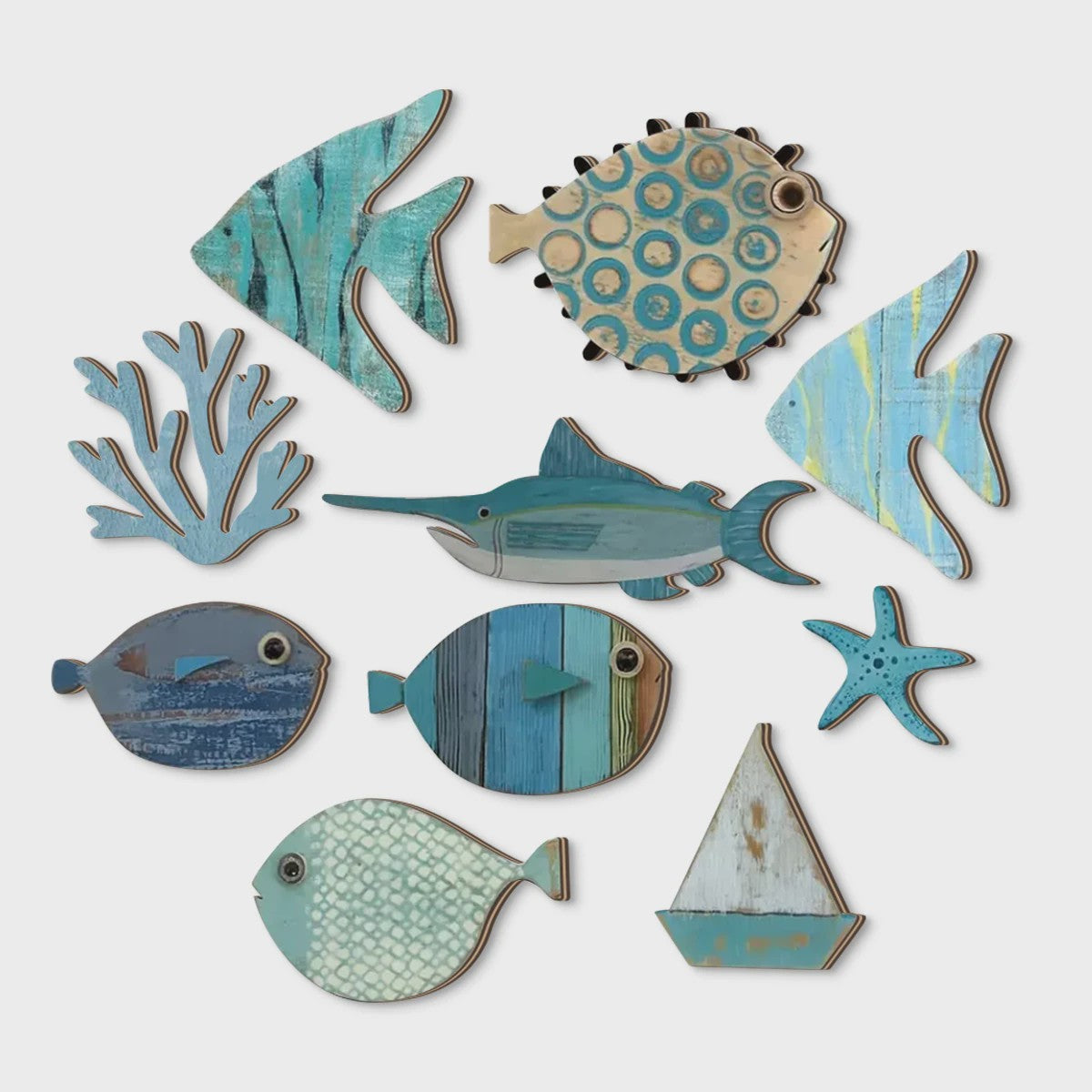 Houten Oceaan Muurdecoratie Set: Vissen, Koraal, Zeester & Zeilboot - Kuststijl Huisdecoratie