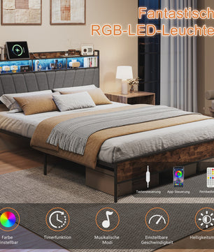 90x200cm Bedframe met LED Opberg Hoofdbord - Metaal & Hout - Gestoffeerd - Geen Boxspring Nodig