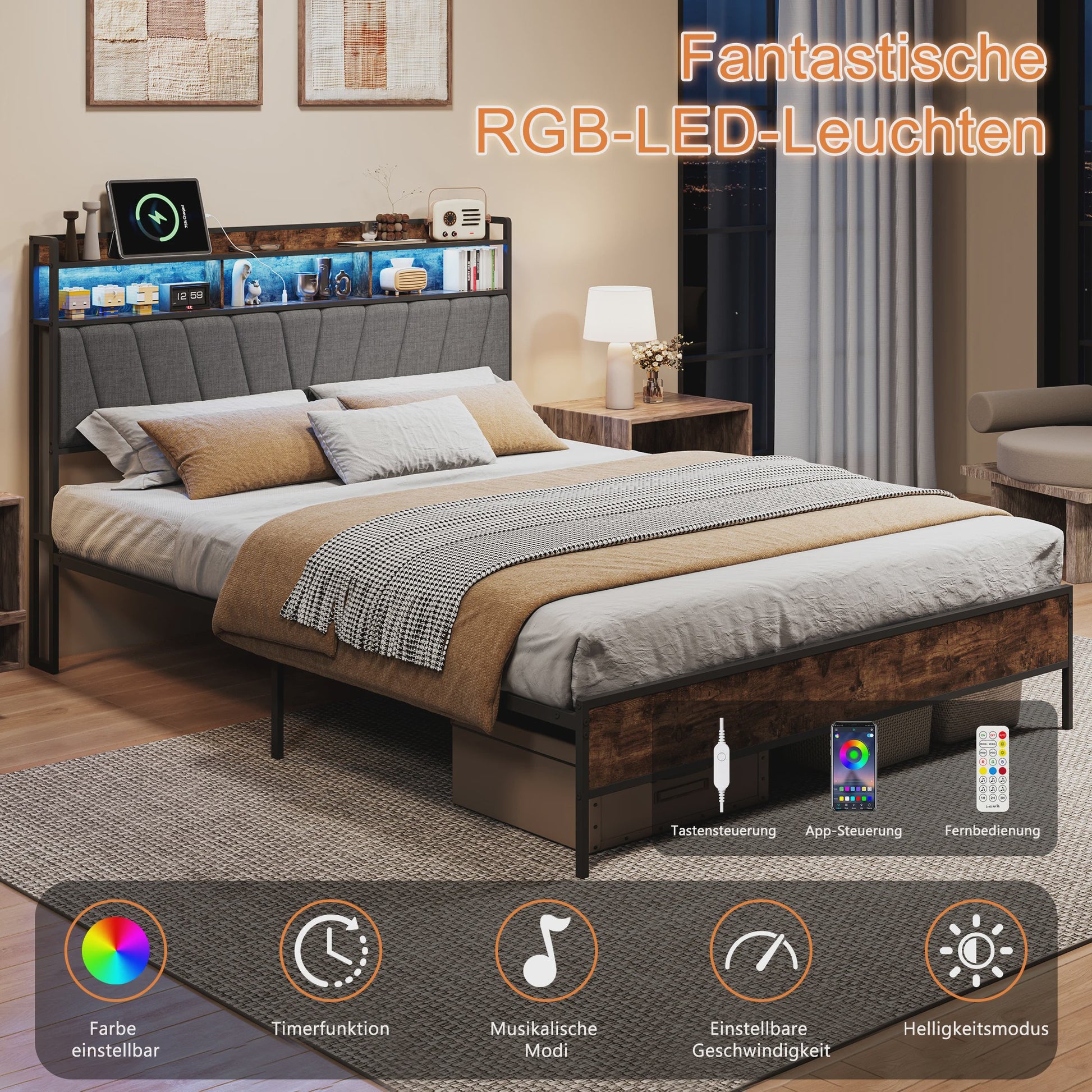 90x200cm Bedframe met LED Opberg Hoofdbord - Metaal & Hout - Gestoffeerd - Geen Boxspring Nodig