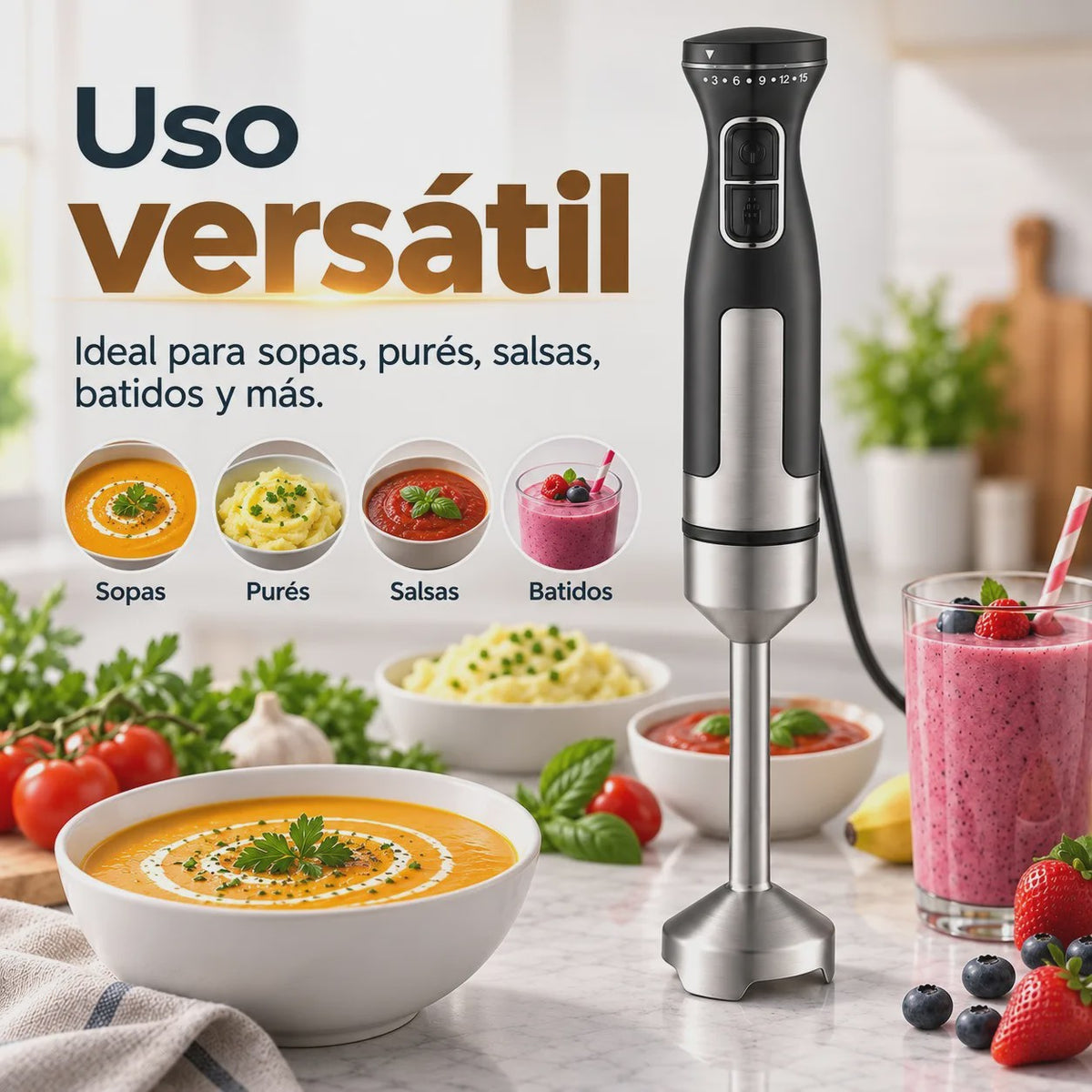 Krachtige 1000W Handmixer met 15 Snelheden, Turbo & RVS Steel - Perfect voor Soepen, Sauzen en Smoothies. Ergonomisch & 95cm Snoer.