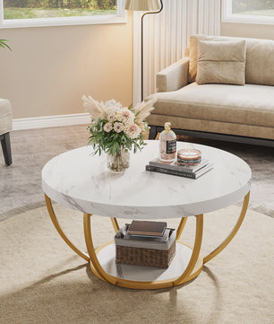Ronde Marmerlook Salontafel met Gouden Onderstel - 32 inch, 2 Niveaus