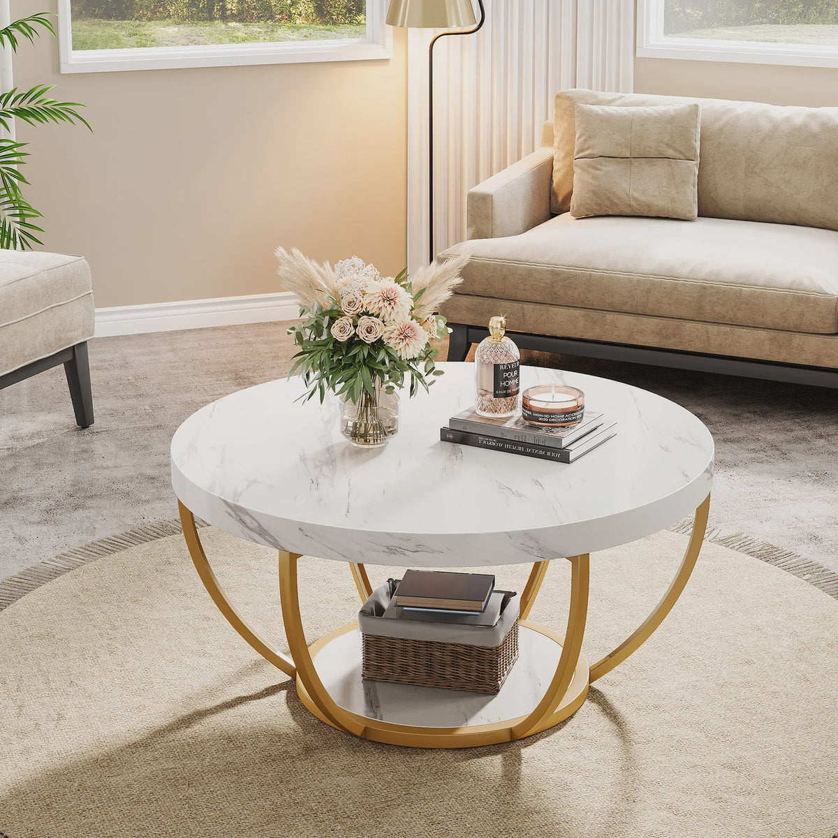 Ronde Marmerlook Salontafel met Gouden Onderstel - 32 inch, 2 Niveaus