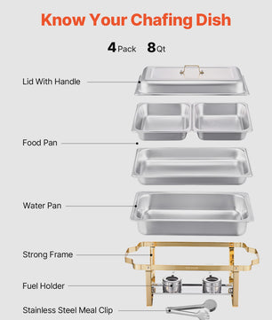 Set van 4 RVS Chafing Dishes (8 Qt) - Professionele Buffetwarmer voor Catering & Feesten