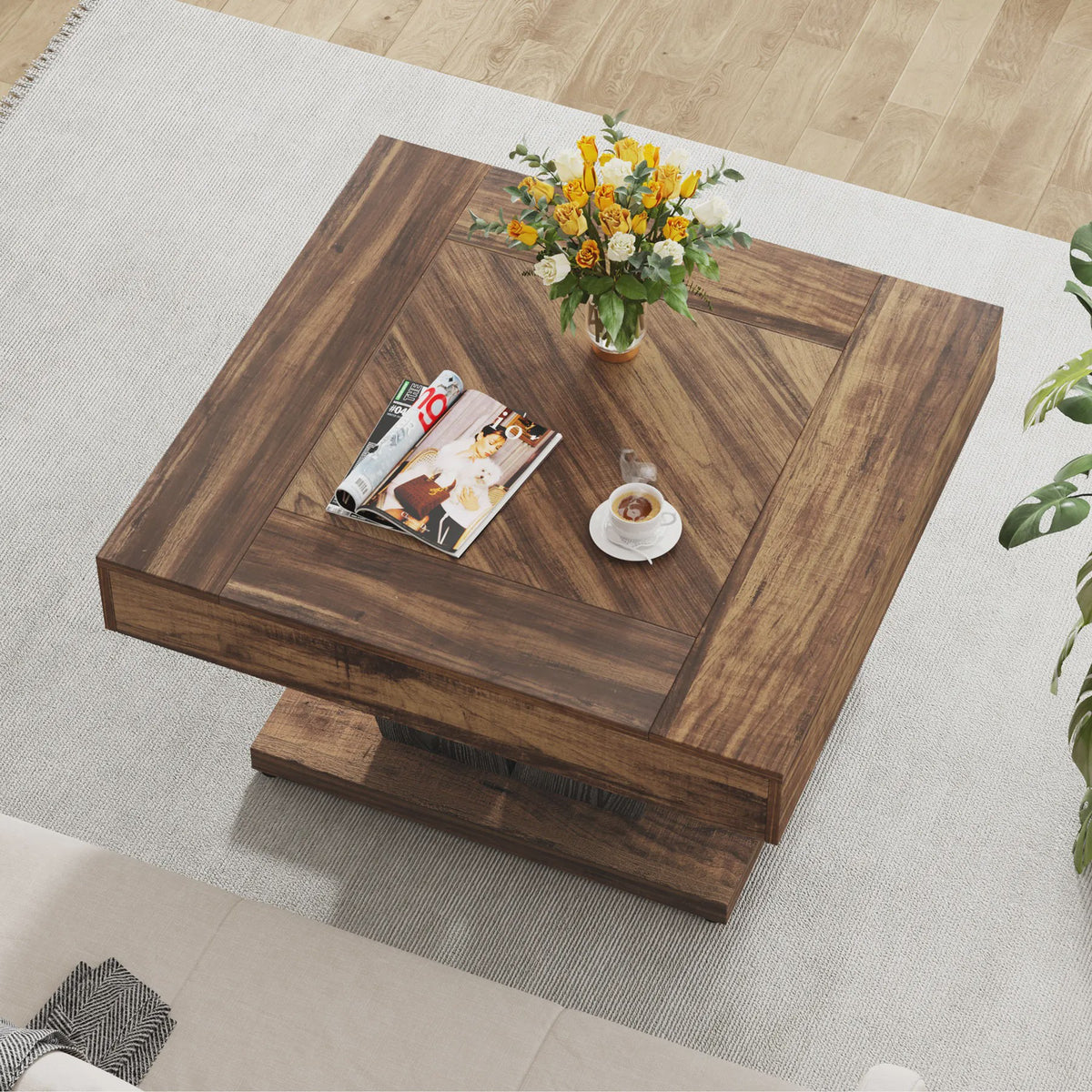 Moderne Vierkante Salontafel 80cm - Rustiek Bruin & Zwart Houten Middentafel