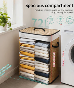 Grote Bamboe Wasmand 72L - Opvouwbaar met Uitneembare Voering & Deksel - 40x30x60cm