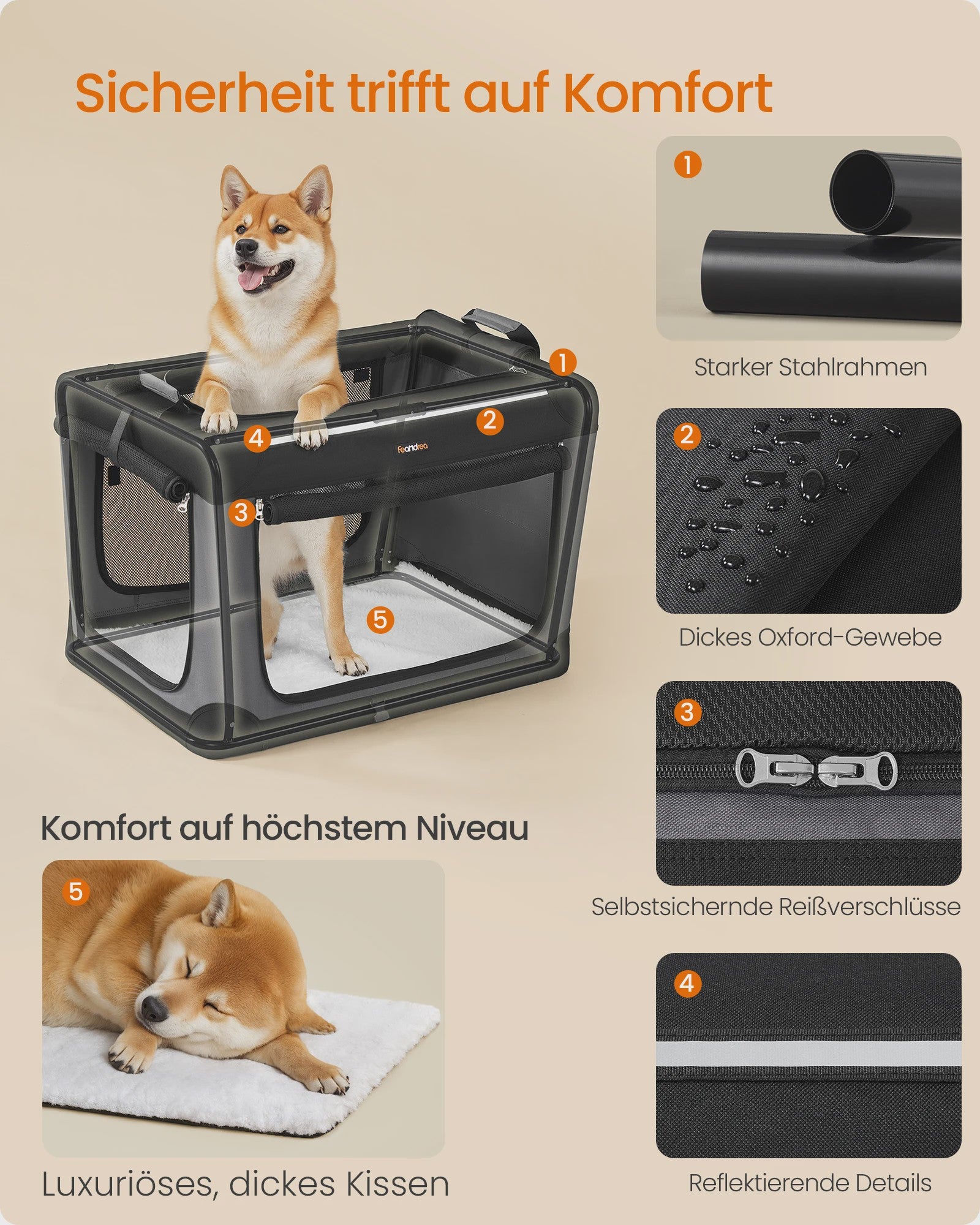FEANDREA Opvouwbare Honden Transportbox - Oxford Stof, 4 Mesh Deuren, Medium Honden, Zwart