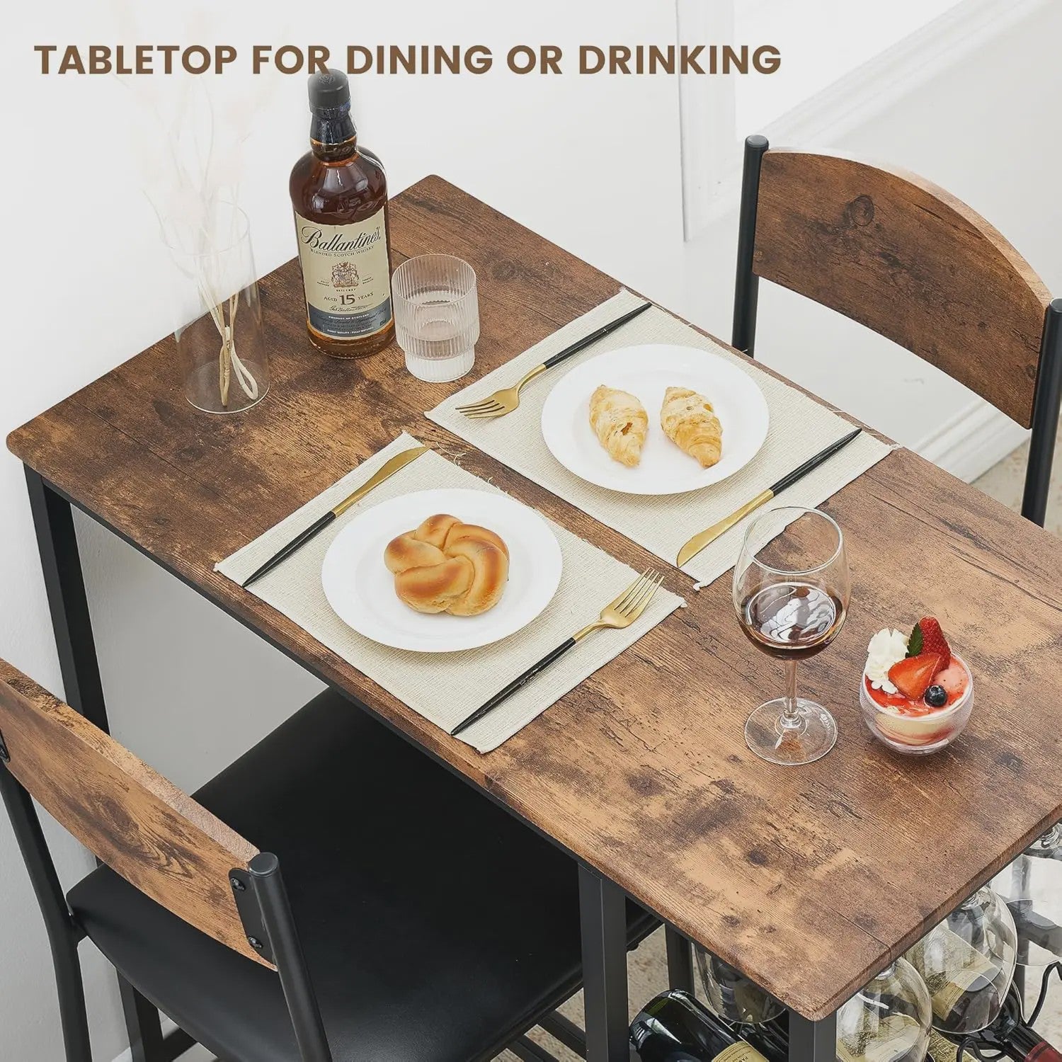 3-delige Bartafel Set met 2 Stoelen, Wijnrek en Opbergruimte