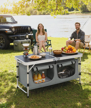 WOLTU Aluminium Vouwbare Picknicktafel met Opbergvakken en In hoogte Verstelbare Poten