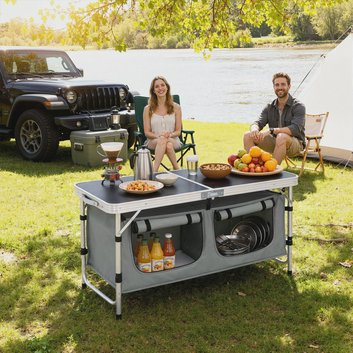 WOLTU Aluminium Vouwbare Picknicktafel met Opbergvakken en In hoogte Verstelbare Poten