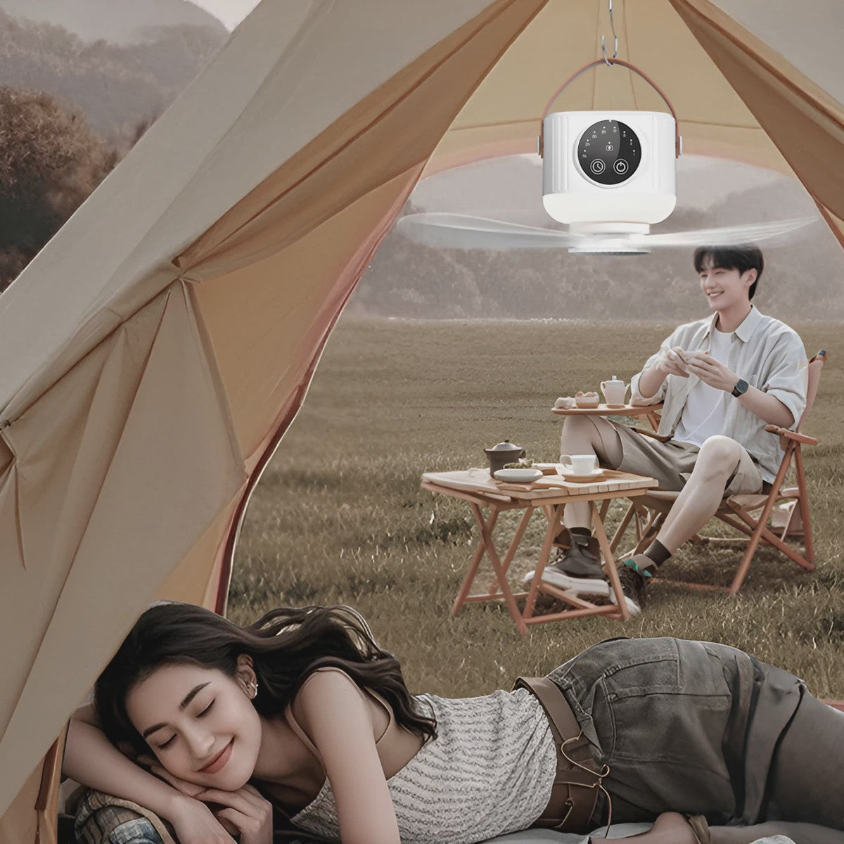 Oplaadbare Hangende Ventilator met 3600mAh Batterij, 4 Snelheden & 3 Lichtstanden - Draagbaar voor Camping & Reizen