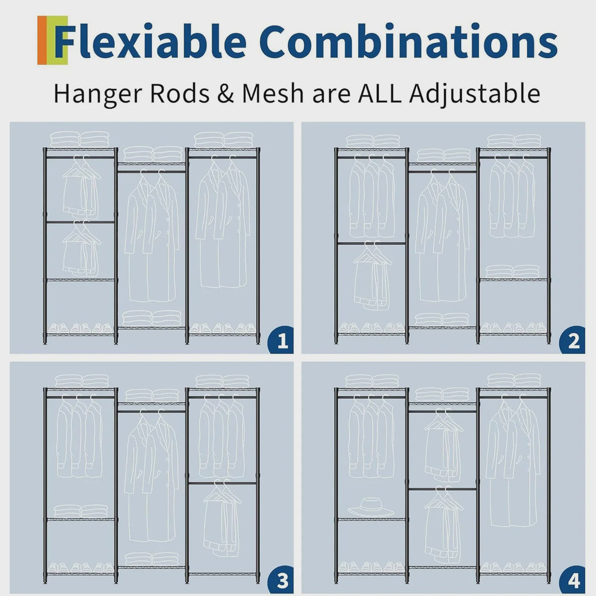 Robuust Kledingrek met 8 Draadplanken en 5 Hangroedes - Verstelbare Garderobe Organizer