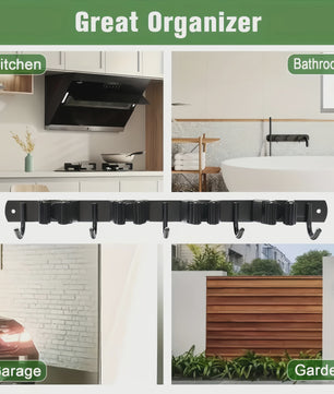 Heavy-Duty Metalen Gereedschapshouder met 4 Sleuven en 5 Haken - Wandmontage Opslag voor Tuin, Garage & Huishouden
