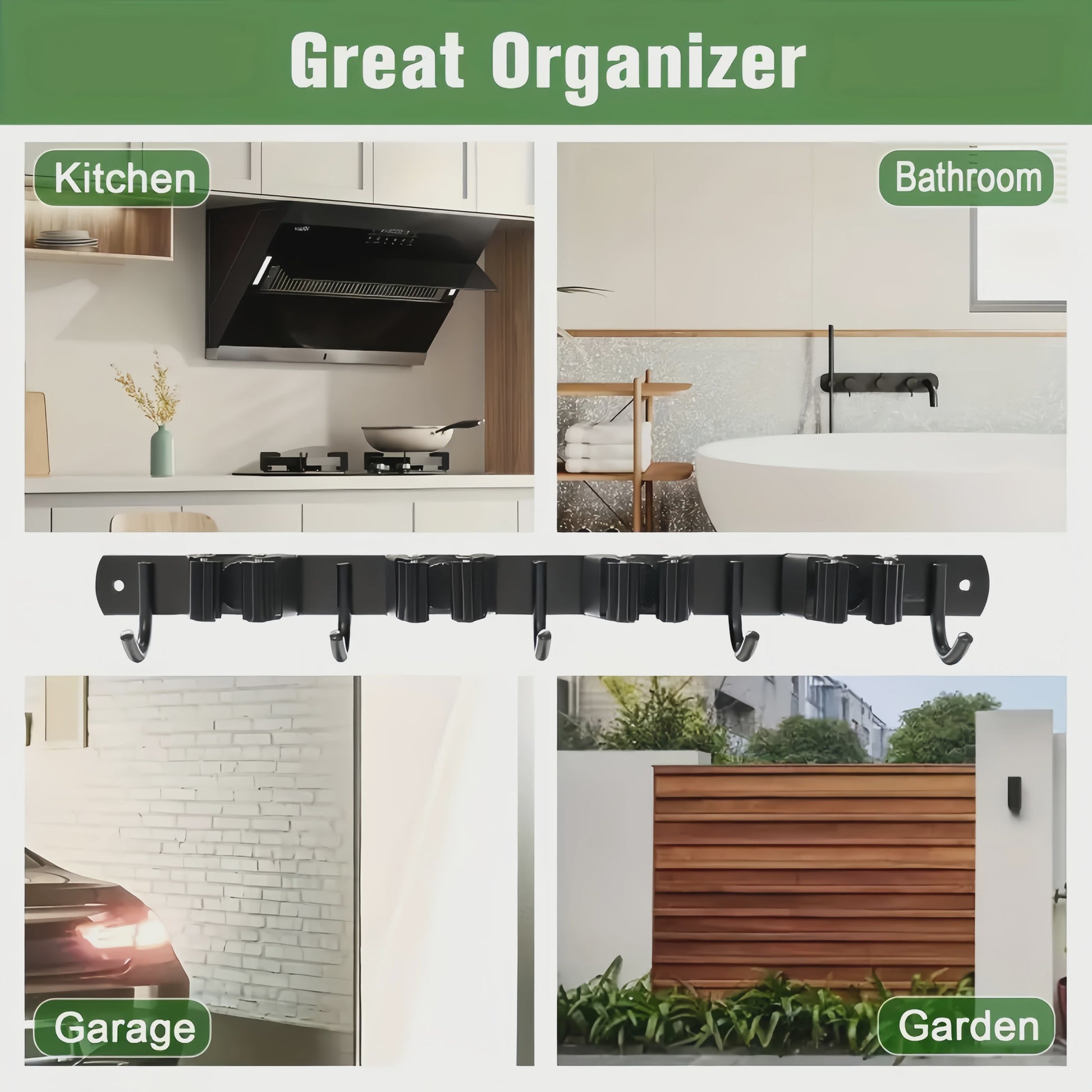 Heavy-Duty Metalen Gereedschapshouder met 4 Sleuven en 5 Haken - Wandmontage Opslag voor Tuin, Garage & Huishouden