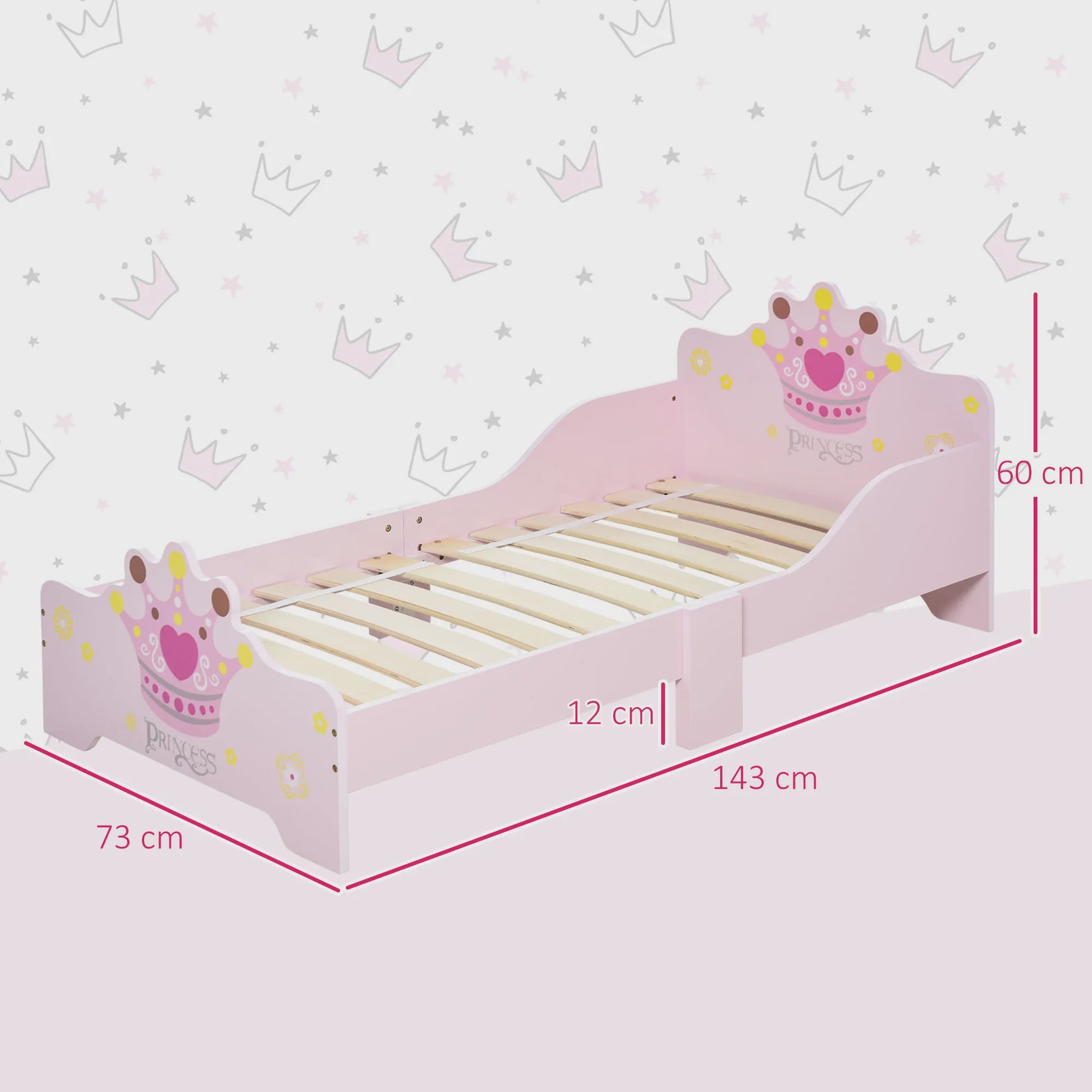 Roze Prinsessen Kinderbed 140x70 cm met Kroon Design - MDF Hout
