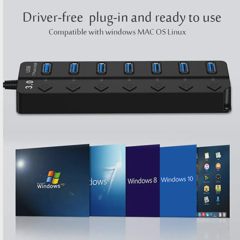 USB 3.0 Hub met 7 Poorten en Individuele Schakelaars - Uitbreidingsstation voor PC en Laptop