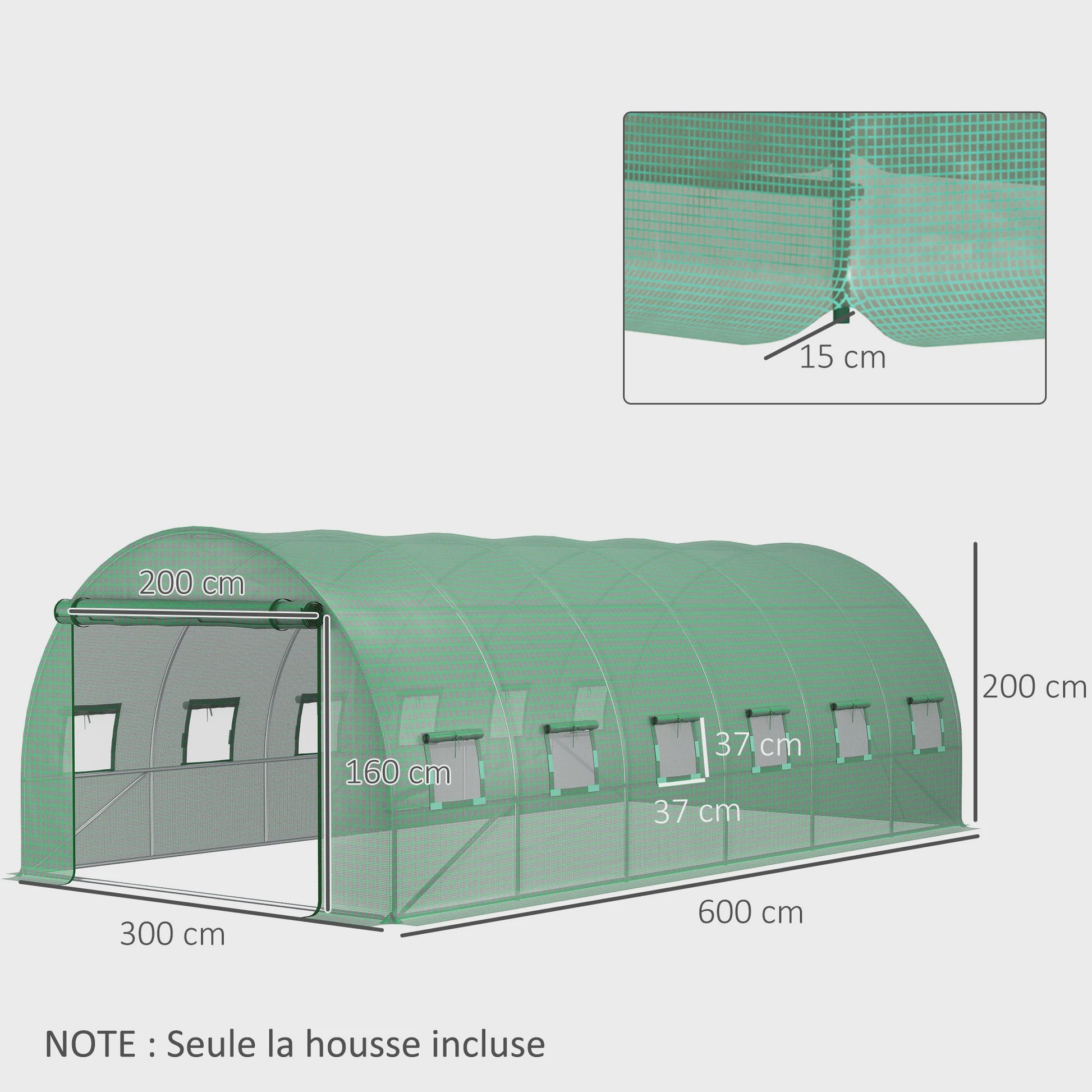 Outsunny Tunnelkas Hoes 6x3x2m - UV-bestendig, Waterdicht met 12 Ramen & Roldeur