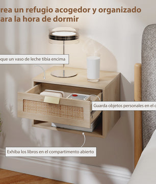 Set van 2 Nachtkastjes Zwevend met Rotan Lade & Open Vak - Scandinavisch Design