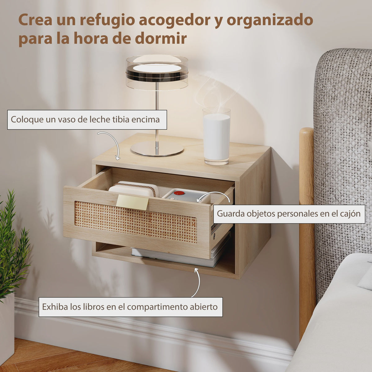 Set van 2 Nachtkastjes Zwevend met Rotan Lade & Open Vak - Scandinavisch Design