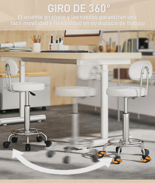 Verstelbare Draaibare Kruk met Rugleuning en Wielen - Wit - Ideaal voor Salon & Studio