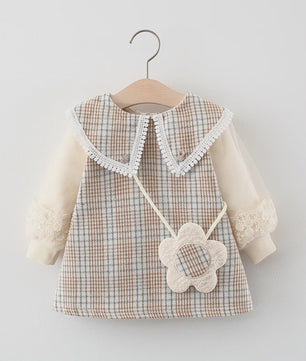 Schattige Baby Meisjes Jurk met Ruitpatroon, Kant en Lange Mouwen - Lente/Herfst