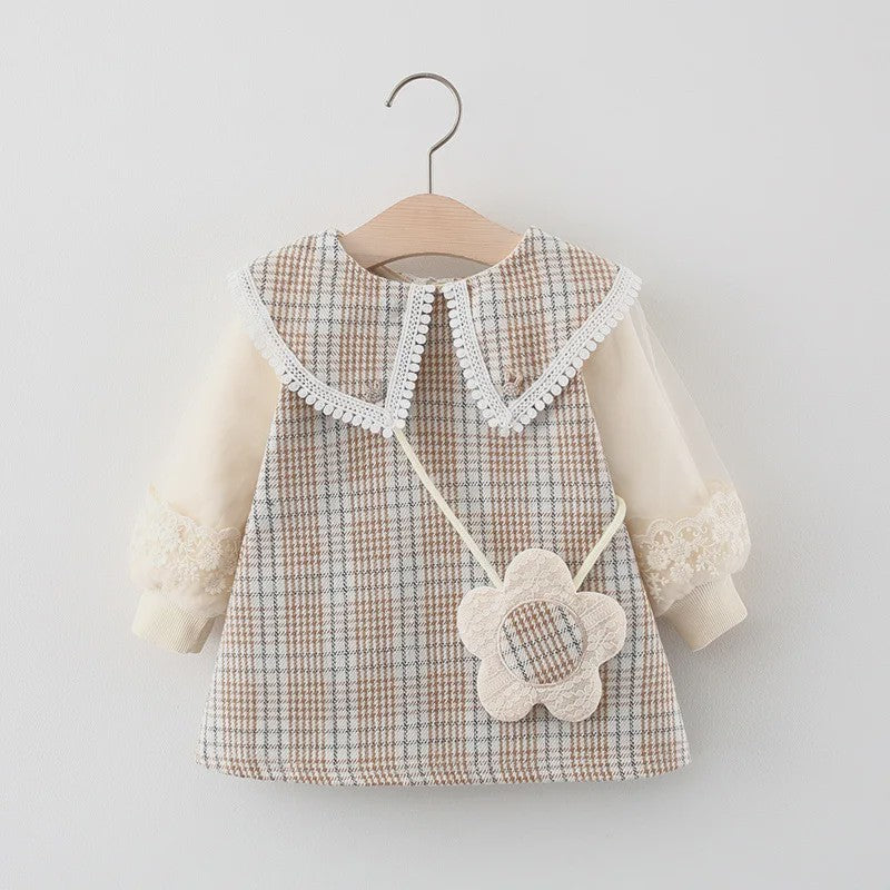 Schattige Baby Meisjes Jurk met Ruitpatroon, Kant en Lange Mouwen - Lente/Herfst