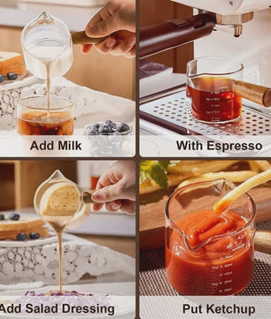 Glazen Espresso Maatbeker 75ml met Dubbele Uitloop en Houten Handvat - Barista Accessoire