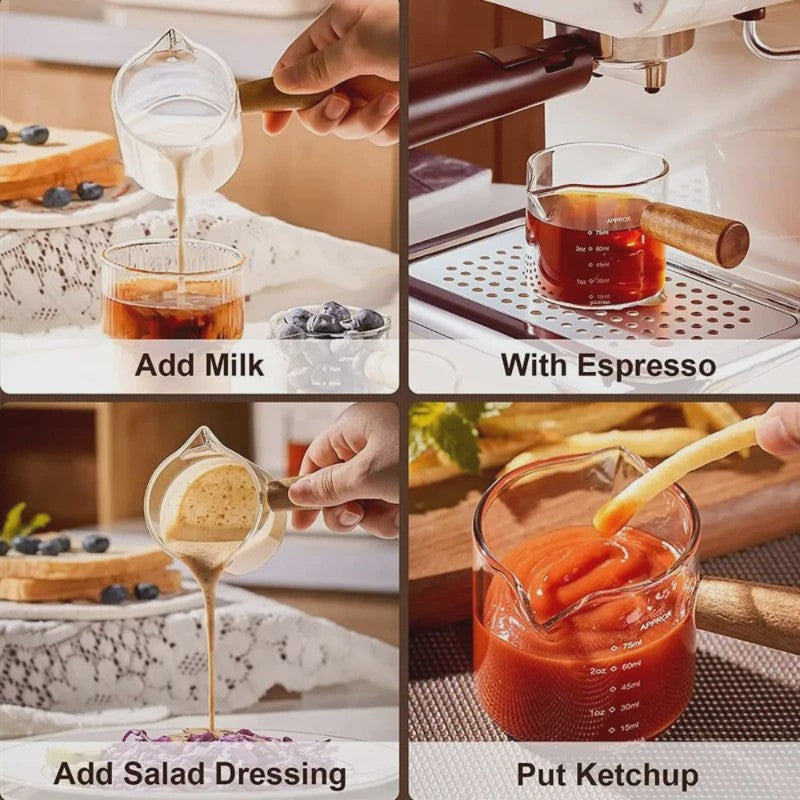 Glazen Espresso Maatbeker 75ml met Dubbele Uitloop en Houten Handvat - Barista Accessoire