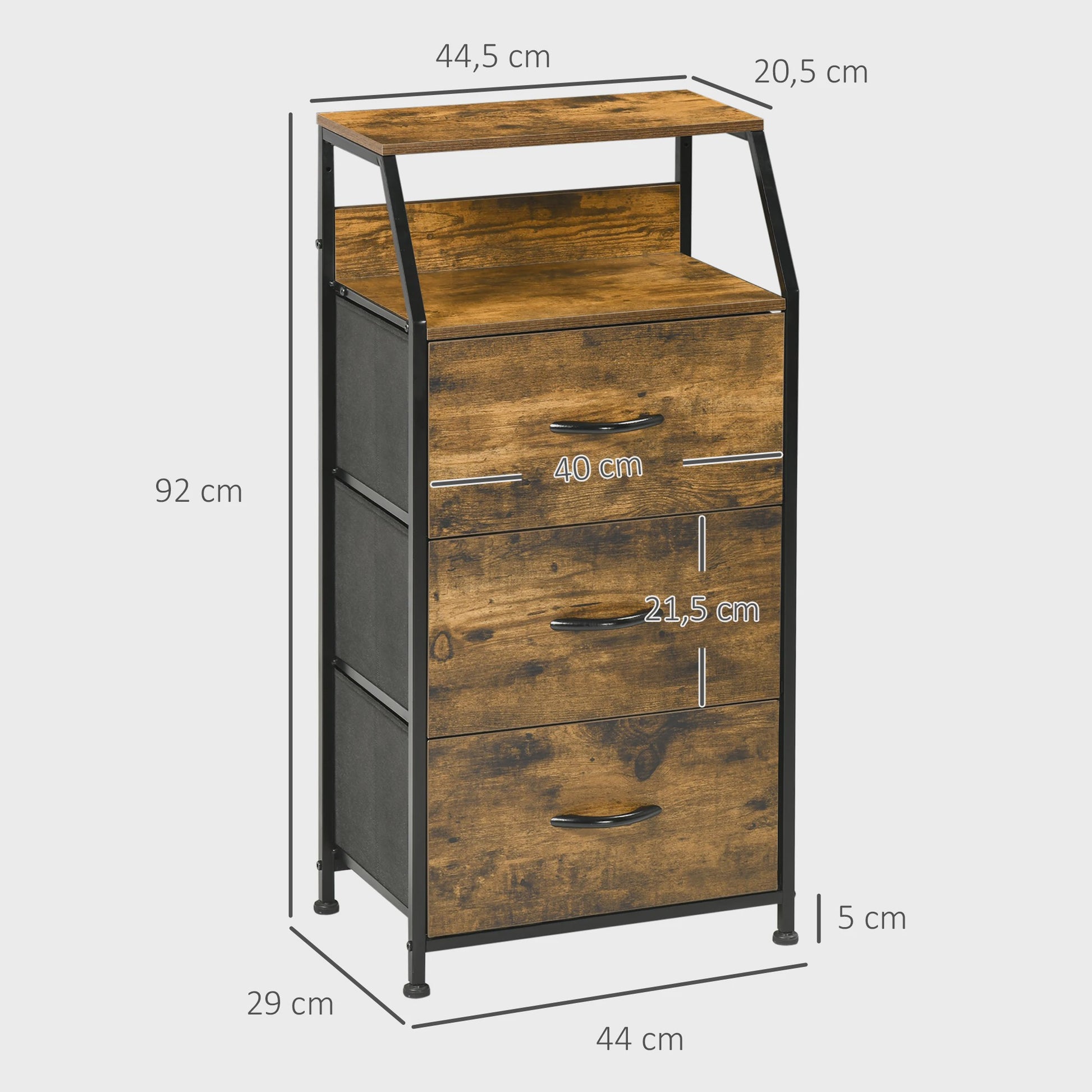 Industriële Ladekast met 3 Lades en 2 Open Planken - 44x29x92 cm