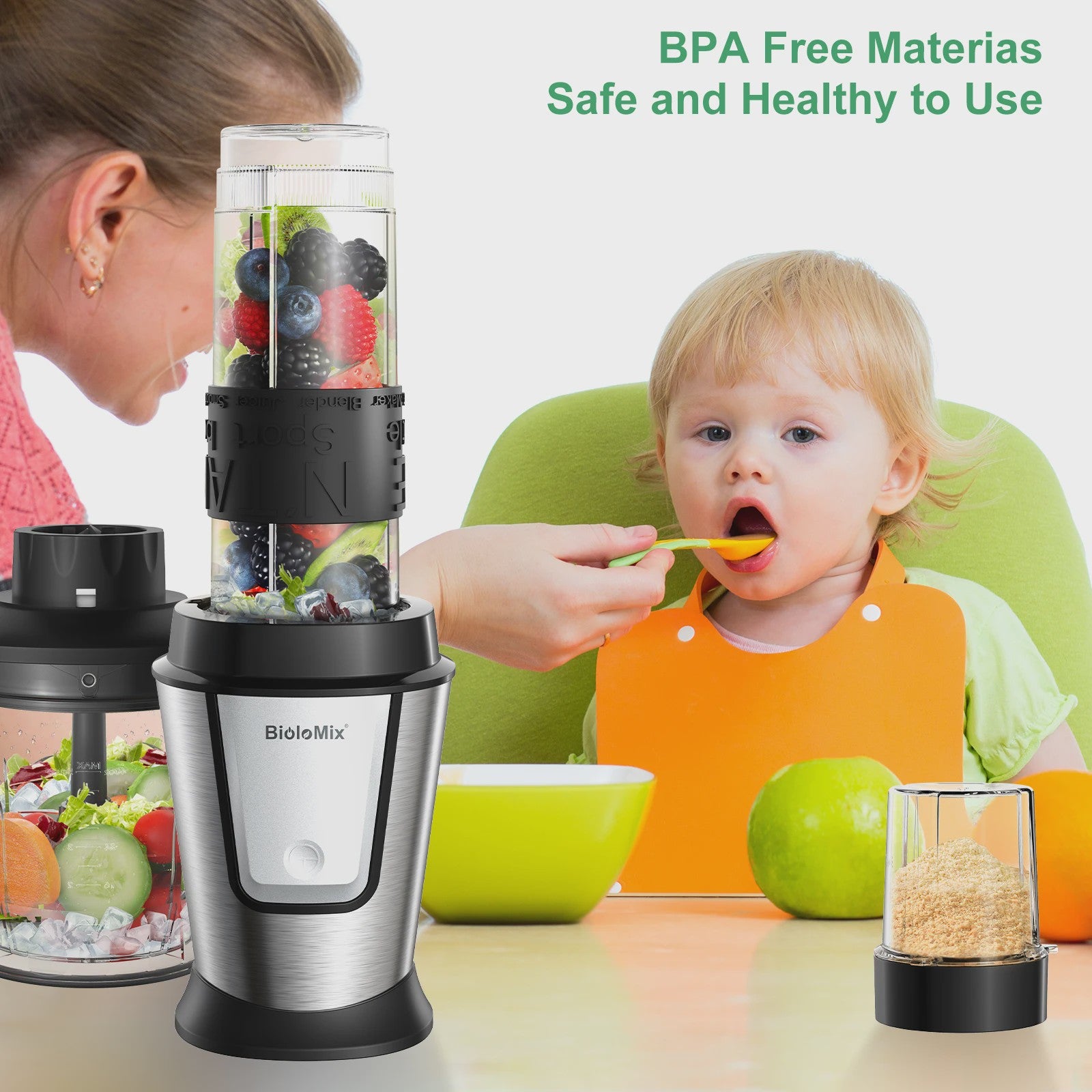 BioloMix 700W Compacte Keuken Blender: 3-in-1 Juicer, Food Processor & Grinder