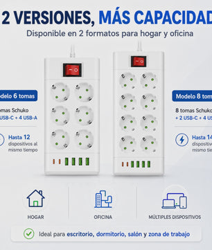 Universele Stekkerdoos met 6 of 8 Schuko Stopcontacten en 6 USB Poorten (2x USB-C, 4x USB-A), 2m Kabel, Wit